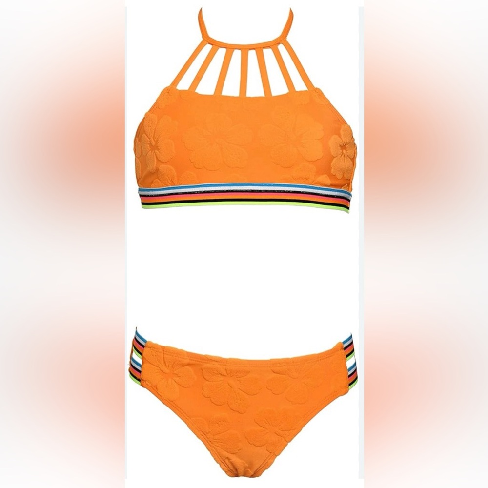 NWT Hobie Girls Bright Orange Strappy Halter Top Bikini Swim Set